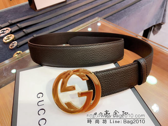 GUCCI古馳 官網爆款 正品規格 原單品質 togo荔枝紋牛皮 雙G亮面銀色扣 男士皮帶  xfp1077